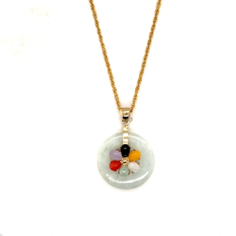Vintage Jadeite Donut Necklace Multi Color Gemstone Flower Gold Tone 20 Inch